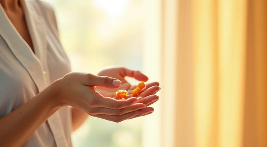 Hands holding amber-colored stones from the Cool Man Collection against a softly lit background