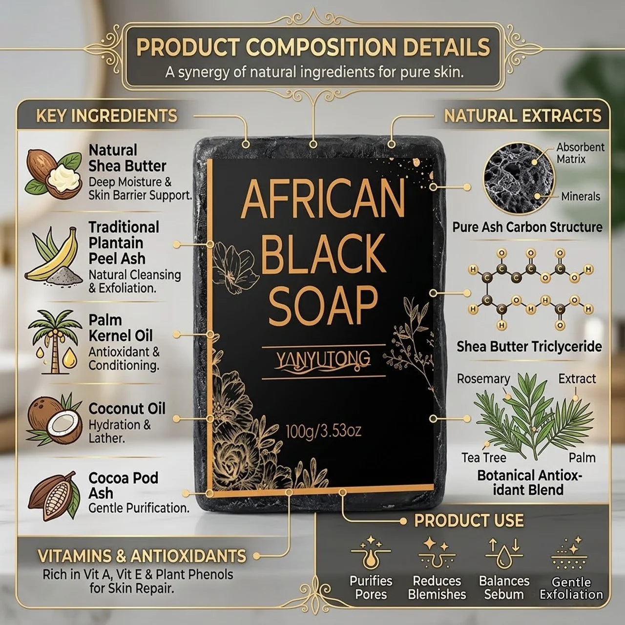 African Black Soap, Contains Shea Butter Oil, Moisturizing Cleansing Soap, Deep Cleansing, Hydrates the Skin, Enhances Skin Tone