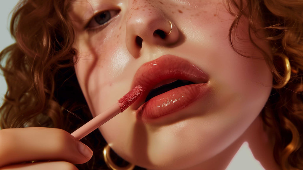 Close-up of a woman applying lip gloss, promoting smooth and hydrated lips with Vanilla Body Butter.
