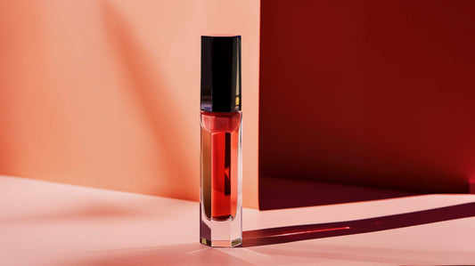 Lip Lover Set glossy red lip gloss with black cap standing on pink and orange background with dramatic shadows