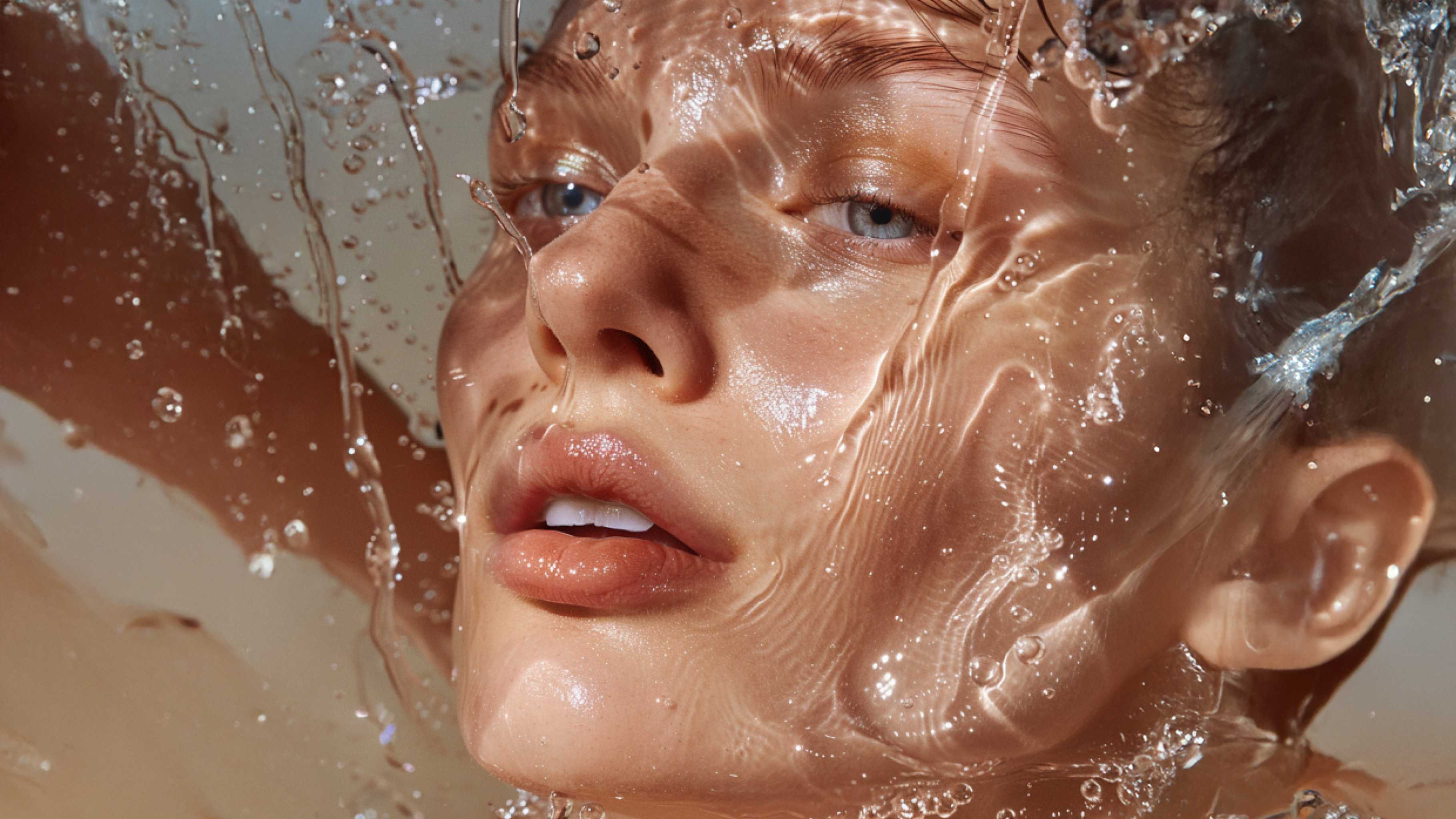 Close-up of a person with water splashing on their face showcasing fresh, glowing skin using Turmeric Honey Soap.