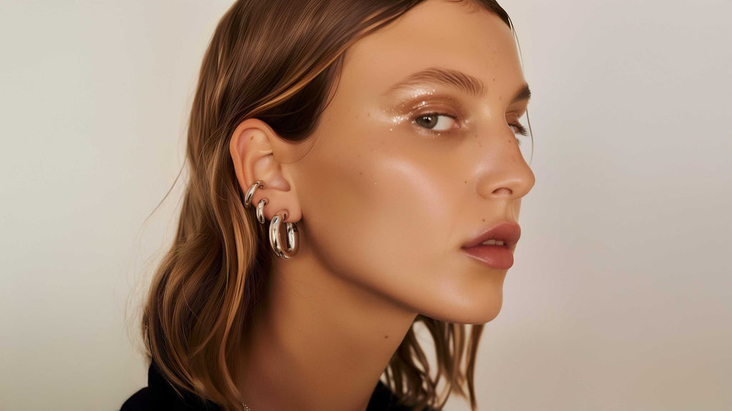 Profile of a woman with glowing skin and multiple silver earrings promoting Cool Man Cologne product aesthetic