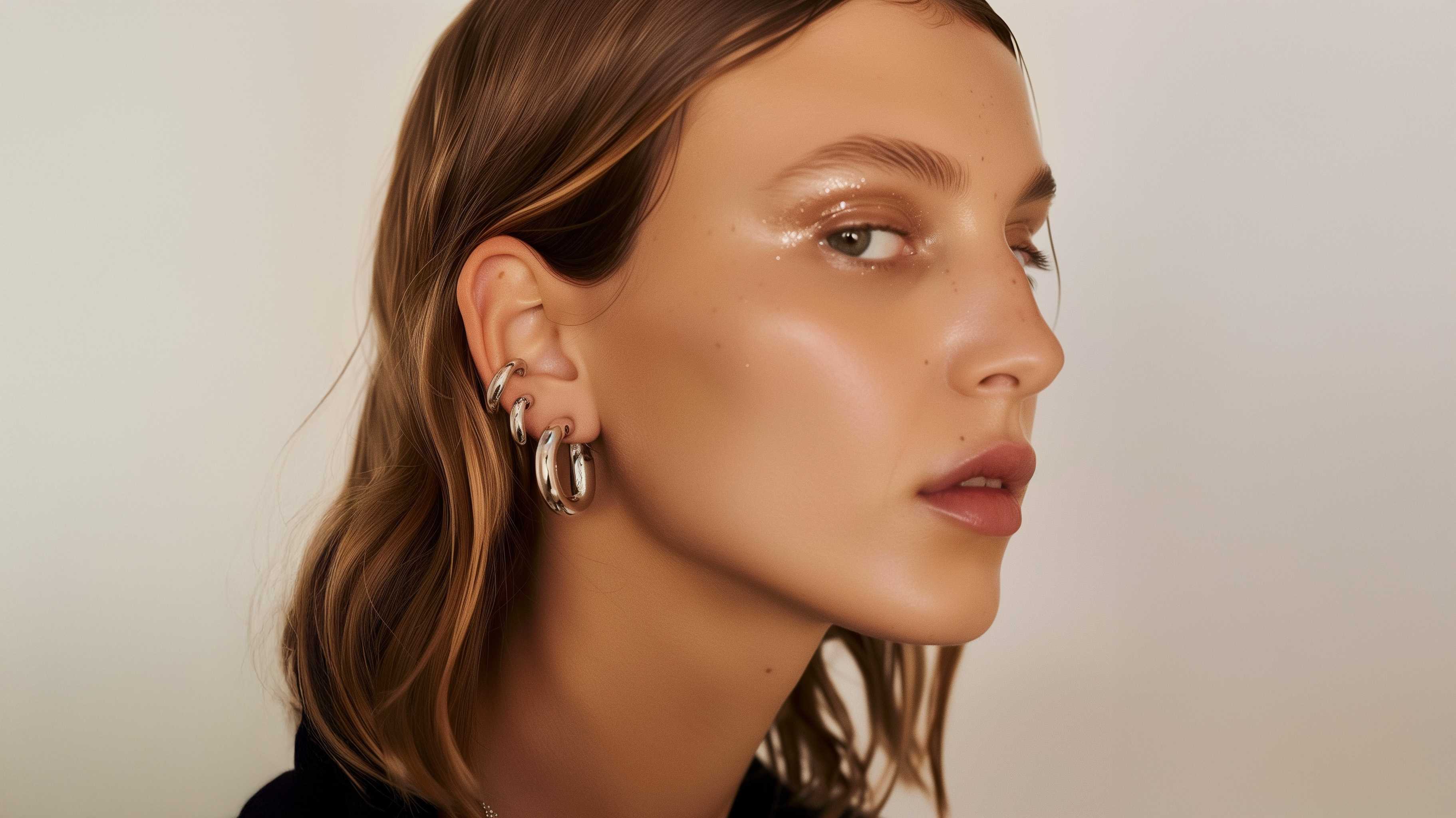 Profile of a woman with glowing skin and multiple silver earrings promoting Cool Man Cologne product aesthetic
