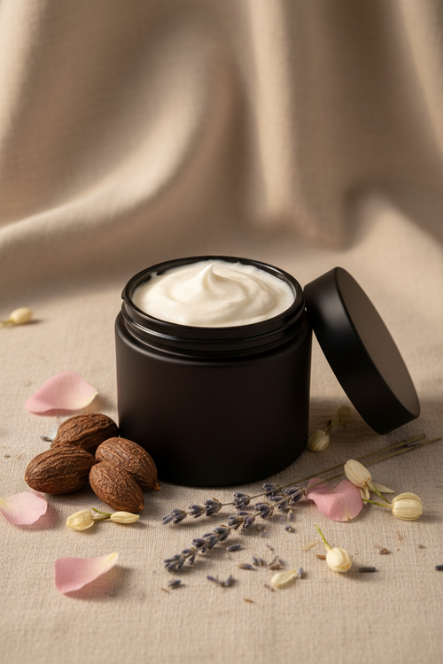 Cool Man Body Butter in a black jar with cream, surrounded by nuts, lavender, and flower petals on beige fabric.