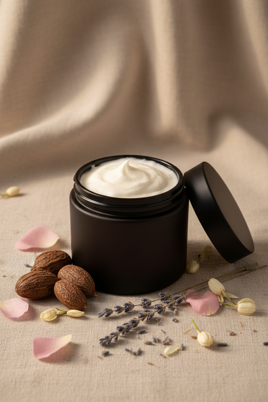 Cool Man Body Butter in a black jar with cream, surrounded by nuts, lavender, and flower petals on beige fabric.