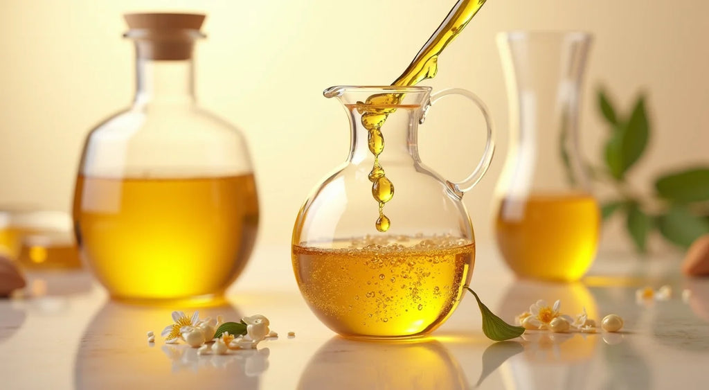 Golden liquid being poured into a glass jar surrounded by flowers, representing Face Serum ingredients