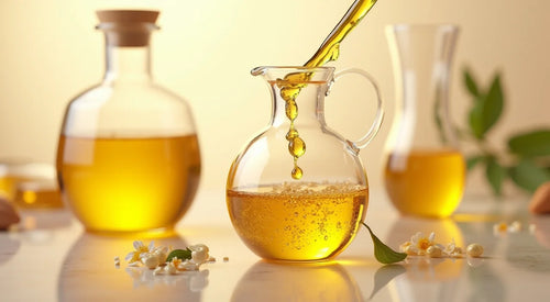 Golden liquid being poured into a glass jar surrounded by flowers, representing Face Serum ingredients