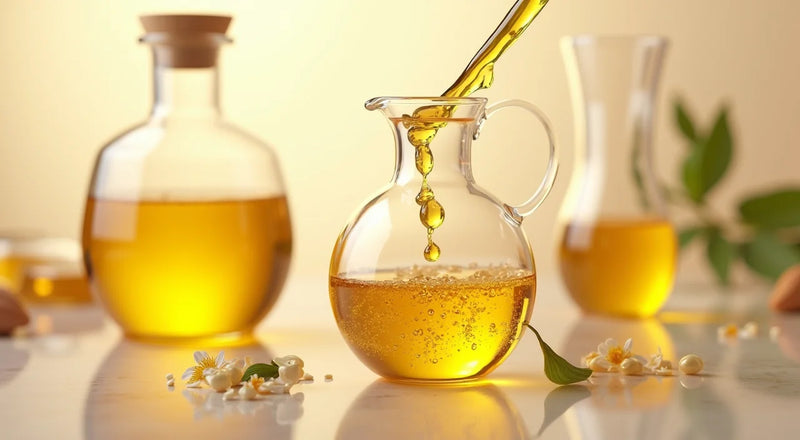 Golden liquid being poured into a glass jar surrounded by flowers, representing Face Serum ingredients