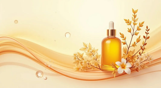 Amber dropper bottle of Rose Galore Serum with delicate beige and white flowers on a soft golden background