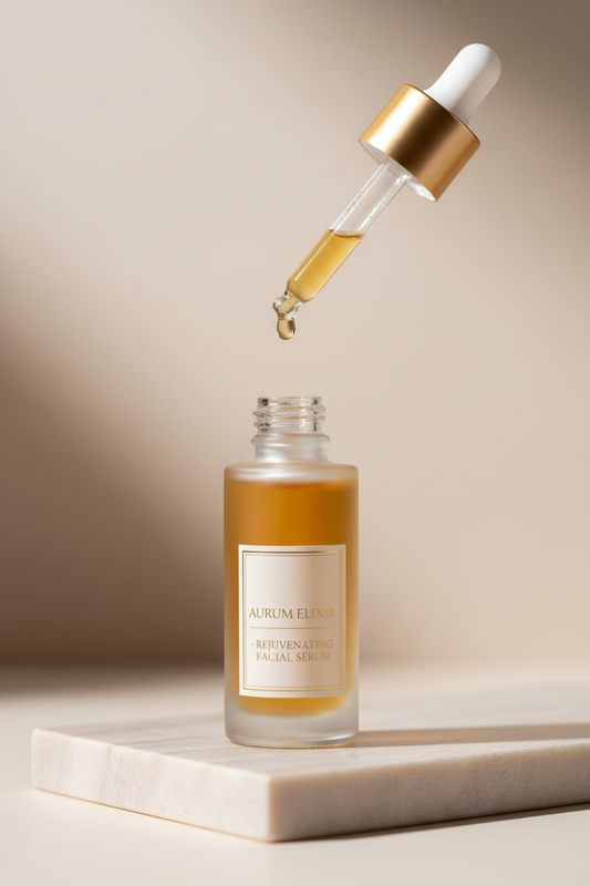Dropper with golden serum above an open frosted glass bottle of Rose Galore Serum on a marble slab