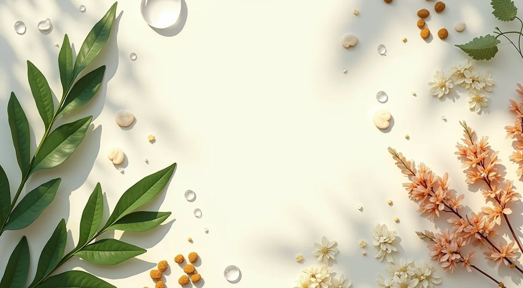 Natural green leaves and delicate flowers arranged around a clear liquid drop representing Face Serum ingredients