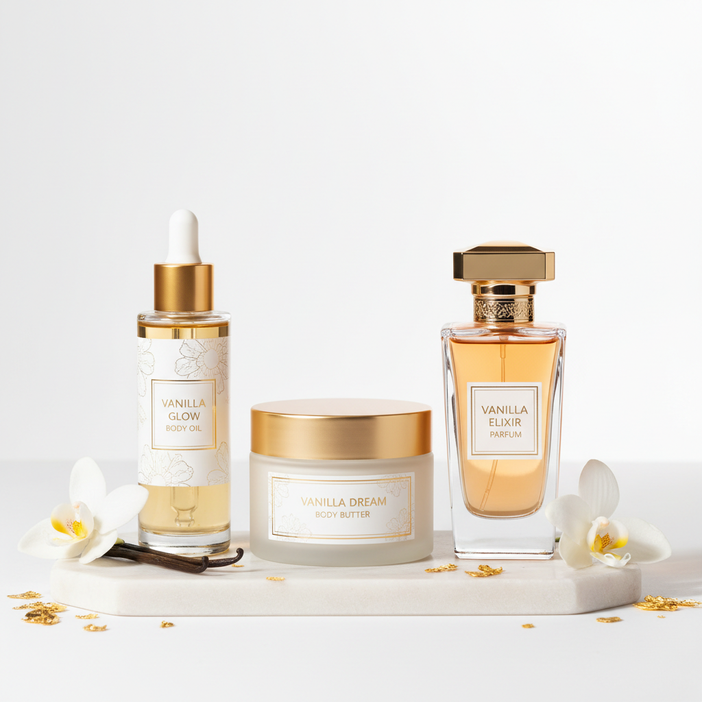 Vanilla Bundle with body oil, body butter, and parfum displayed with vanilla flowers and gold accents on white surface