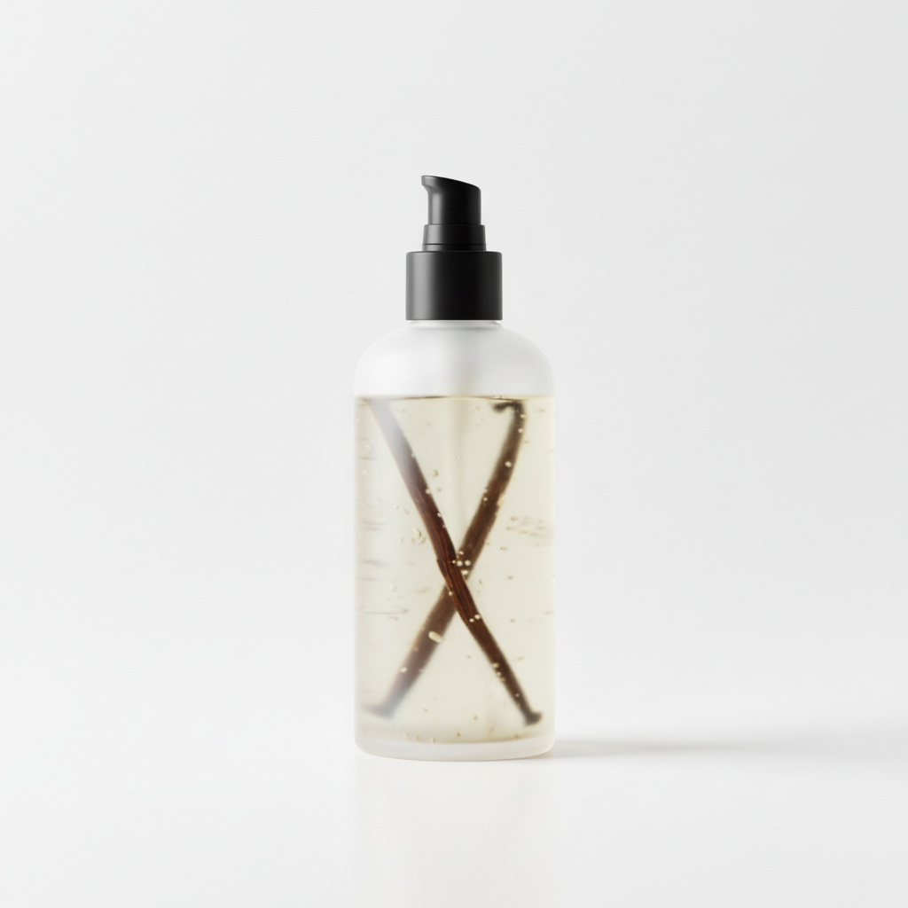 Clear bottle of Vanilla Body Oil with pump dispenser and visible vanilla pods inside on white background