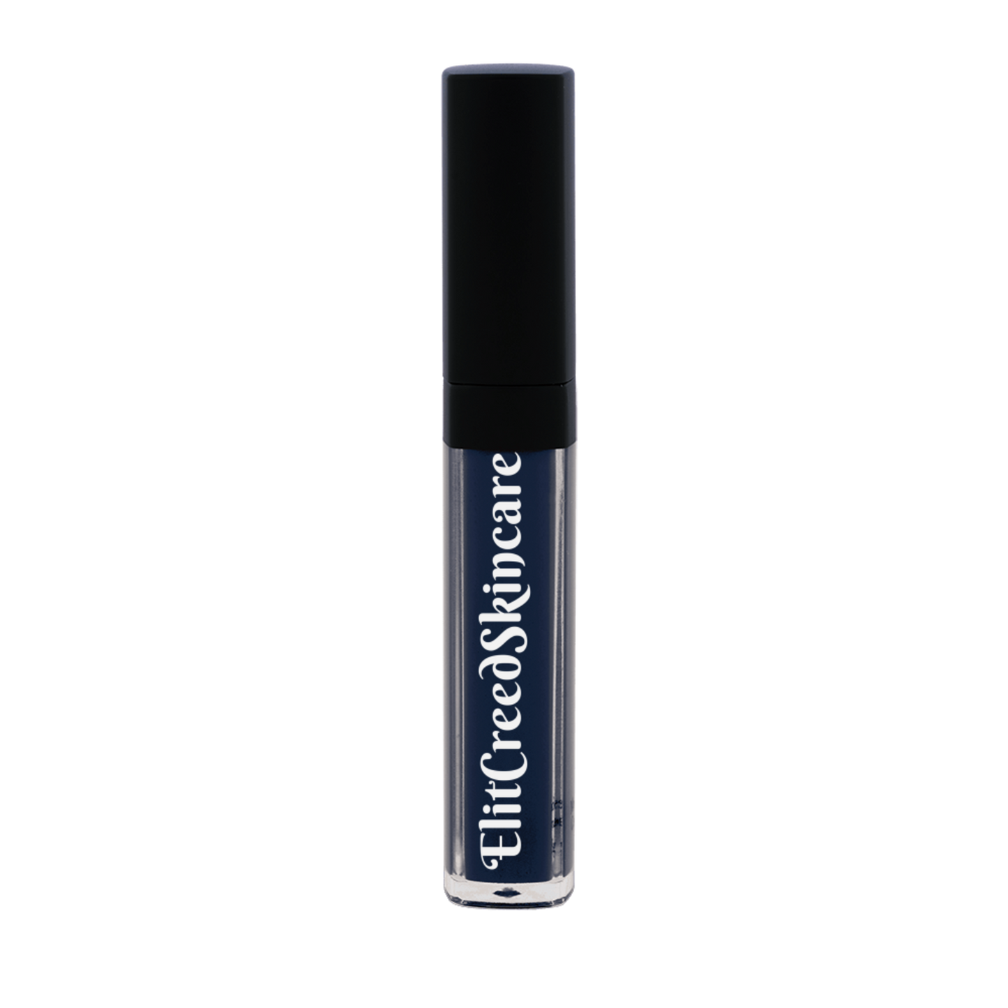 Lipgloss - Midnight Eclipse in a clear tube with black cap and white branding text on dark purple gloss inside.