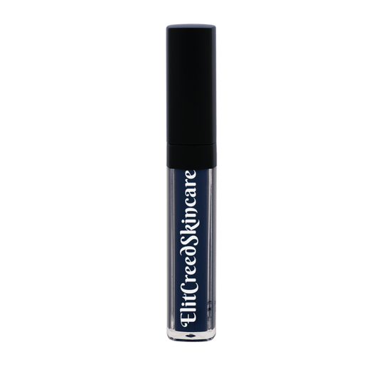 Lipgloss - Midnight Eclipse in a clear tube with black cap and white branding text on dark purple gloss inside.