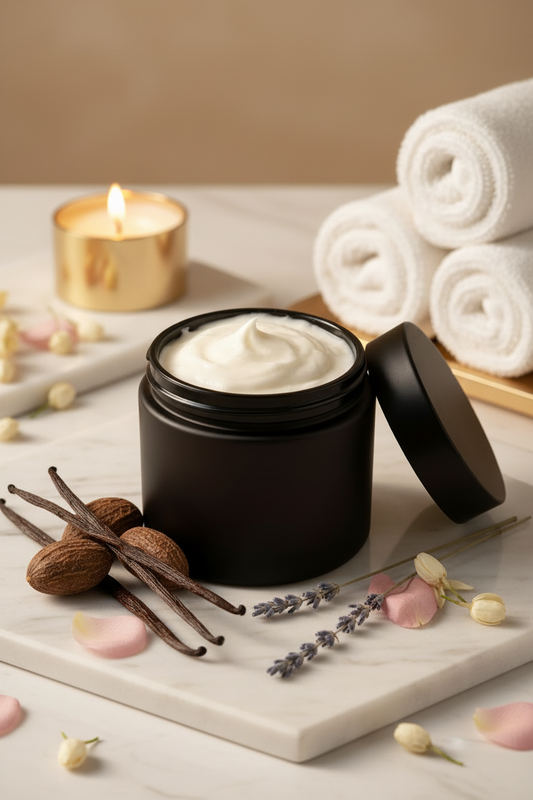 Cool Man Body Butter in a black jar with vanilla pods, lavender, and rolled white towels near a lit candle